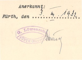 Alter Firmenstempel auf einem Vertrag vom 3. März 1932 (→Archiv FürthWiki e. V.)