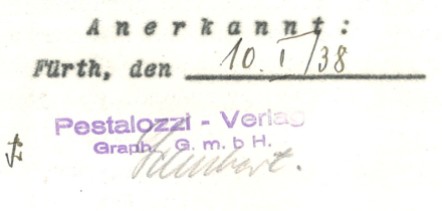 Neuer Firmenstempel auf einem Vertrag vom 10. Januar 1938 (→Archiv FürthWiki e. V.)